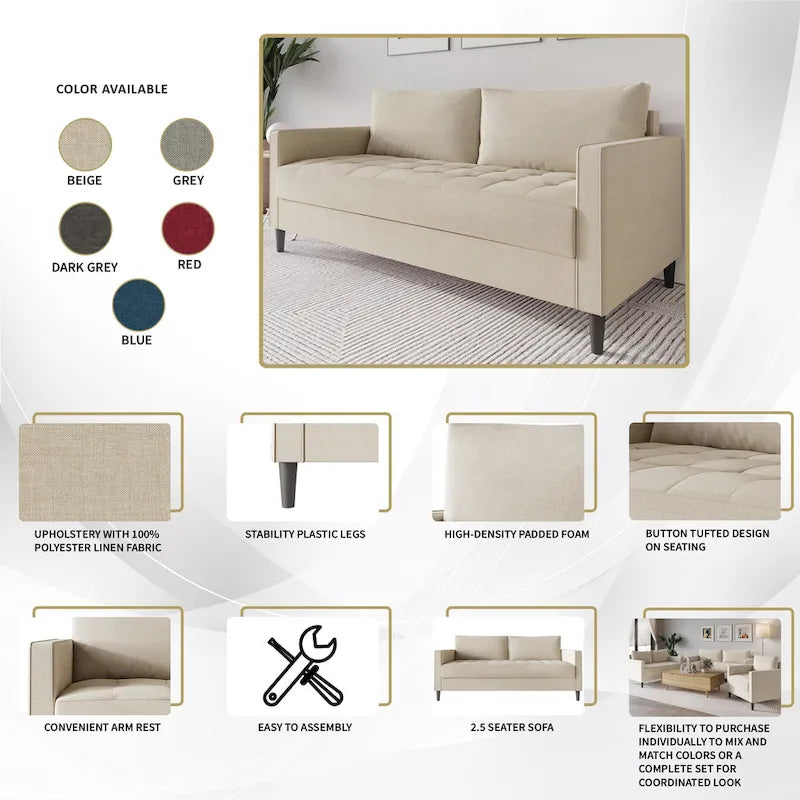 2.5-Seat Contemporary Sofa Tufted Seat Linen Upholstery Removable Back Cushions