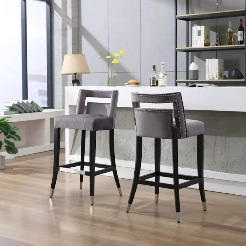 Velvet Bar Stool with Nailhead Trim Open Back Birch Wood Legs Footrest