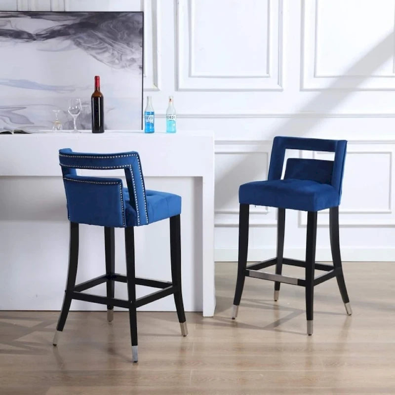 Velvet Bar Stool with Nailhead Trim Open Back Birch Wood Legs Footrest