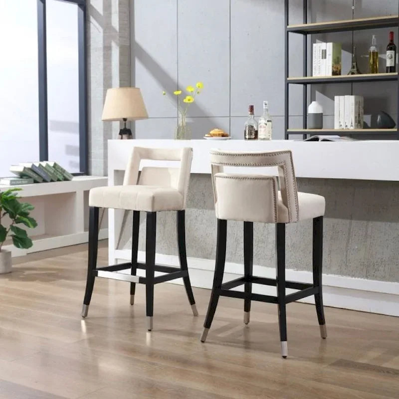 Velvet Bar Stool with Nailhead Trim Open Back Birch Wood Legs Footrest