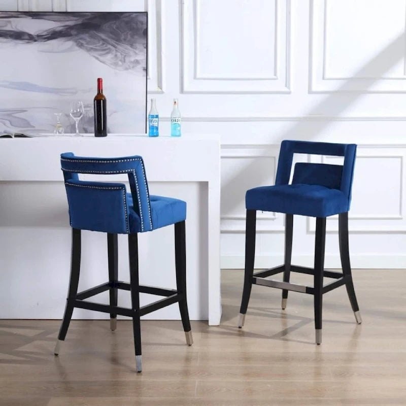 Velvet Bar Stool with Nailhead Trim Open Back Birch Wood Legs Footrest