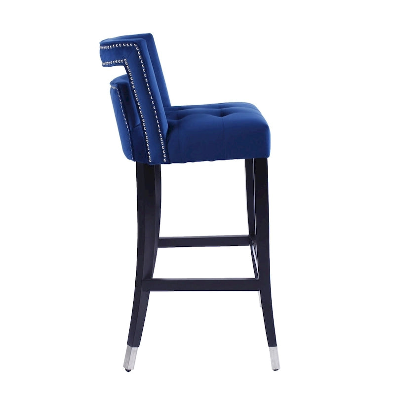 Velvet Bar Stool with Nailhead Trim Open Back Birch Wood Legs Footrest