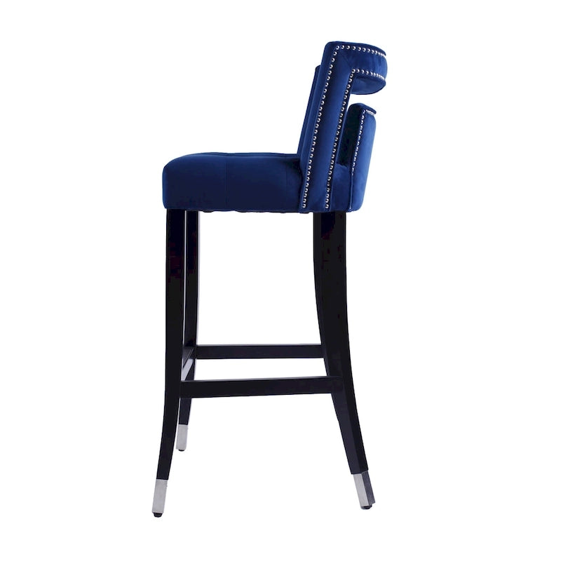 Velvet Bar Stool with Nailhead Trim Open Back Birch Wood Legs Footrest