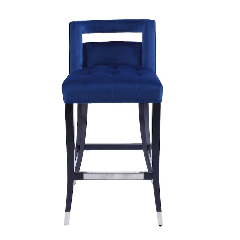 Velvet Bar Stool with Nailhead Trim Open Back Birch Wood Legs Footrest