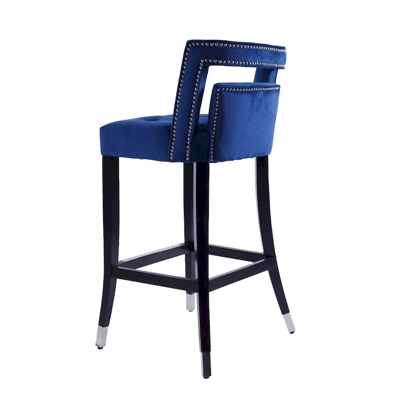 Velvet Bar Stool with Nailhead Trim Open Back Birch Wood Legs Footrest