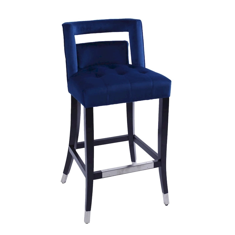 Velvet Bar Stool with Nailhead Trim Open Back Birch Wood Legs Footrest