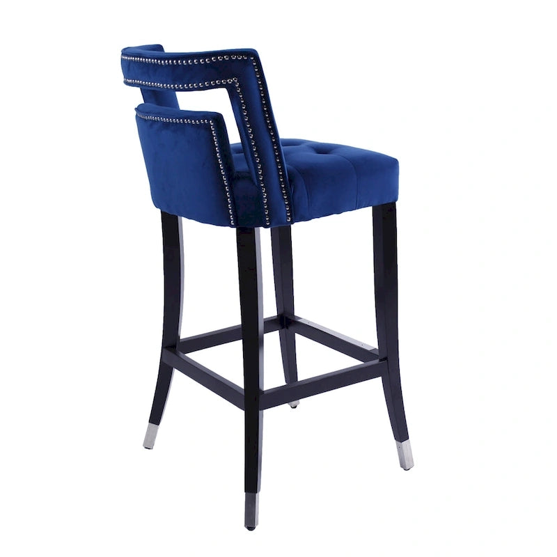 Velvet Bar Stool with Nailhead Trim Open Back Birch Wood Legs Footrest