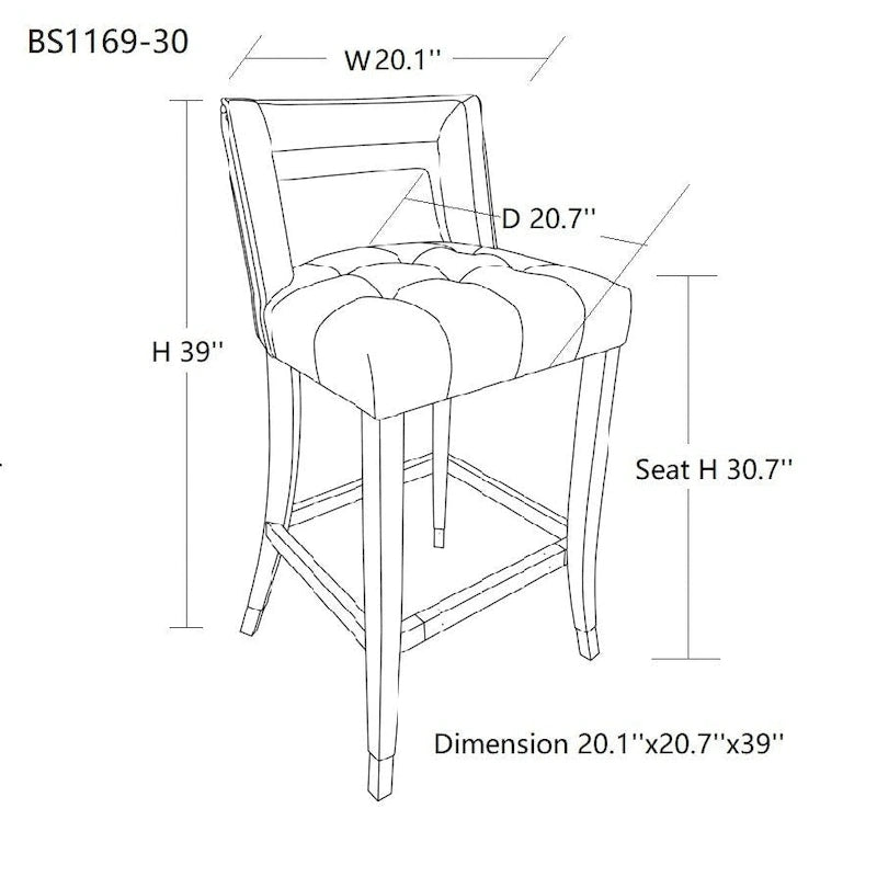 Velvet Bar Stool with Nailhead Trim Open Back Birch Wood Legs Footrest