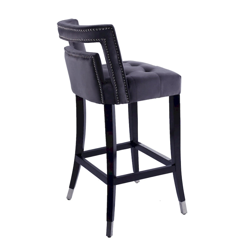 Velvet Bar Stool with Nailhead Trim Open Back Birch Wood Legs Footrest