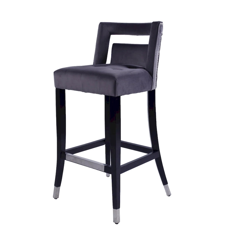 Velvet Bar Stool with Nailhead Trim Open Back Birch Wood Legs Footrest