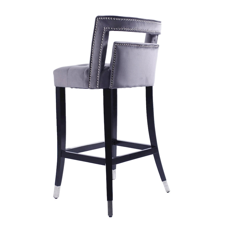 Velvet Bar Stool with Nailhead Trim Open Back Birch Wood Legs Footrest