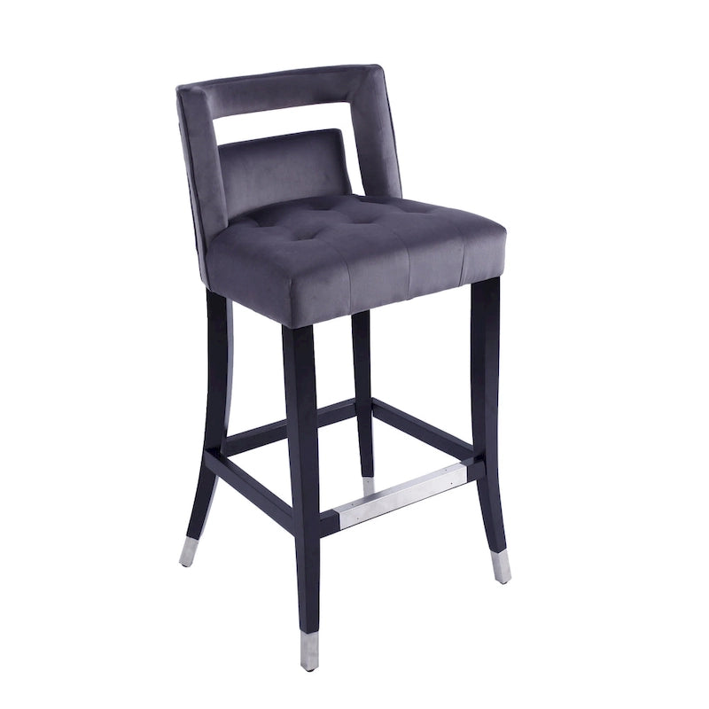 Velvet Bar Stool with Nailhead Trim Open Back Birch Wood Legs Footrest