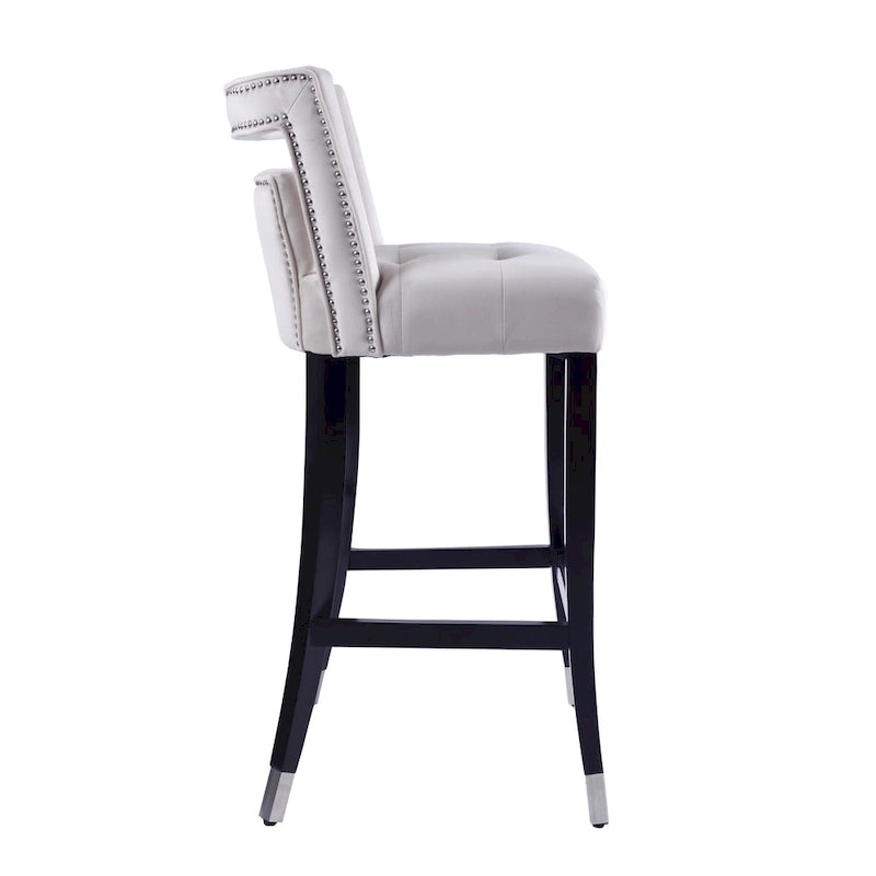 Velvet Bar Stool with Nailhead Trim Open Back Birch Wood Legs Footrest