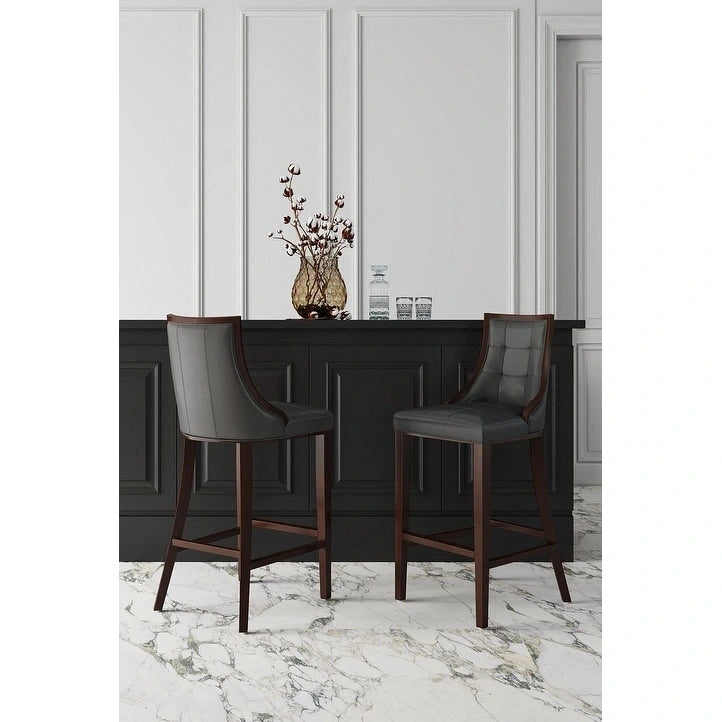 Walnut Beech Wood Traditional Bar Stool with Faux Leather Upholstered Back