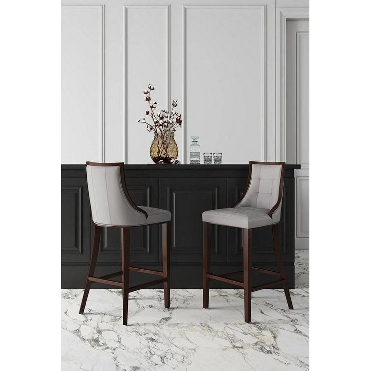 Walnut Beech Wood Traditional Bar Stool with Faux Leather Upholstered Back