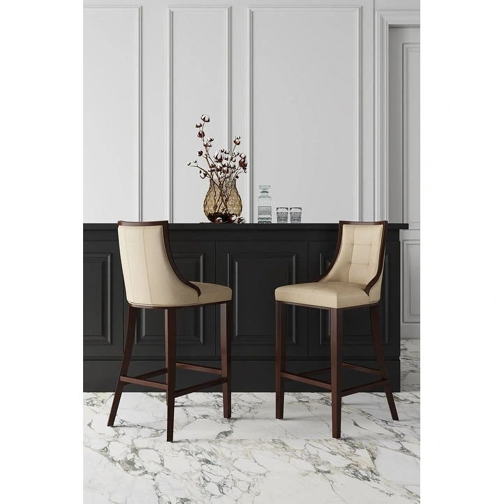 Walnut Beech Wood Traditional Bar Stool with Faux Leather Upholstered Back