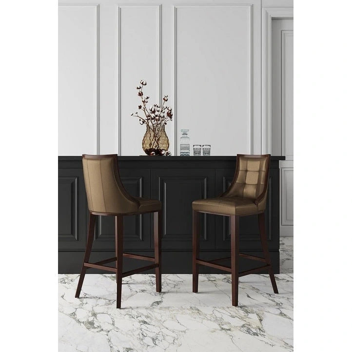 Walnut Beech Wood Traditional Bar Stool with Faux Leather Upholstered Back