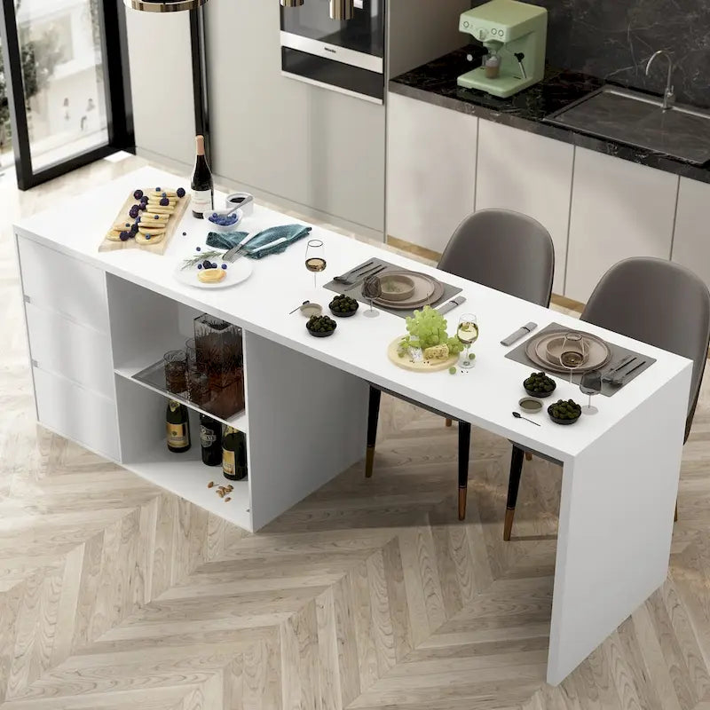 White Multi-Functional Kitchen Island Dining Table with Storage Drawers Cabinets