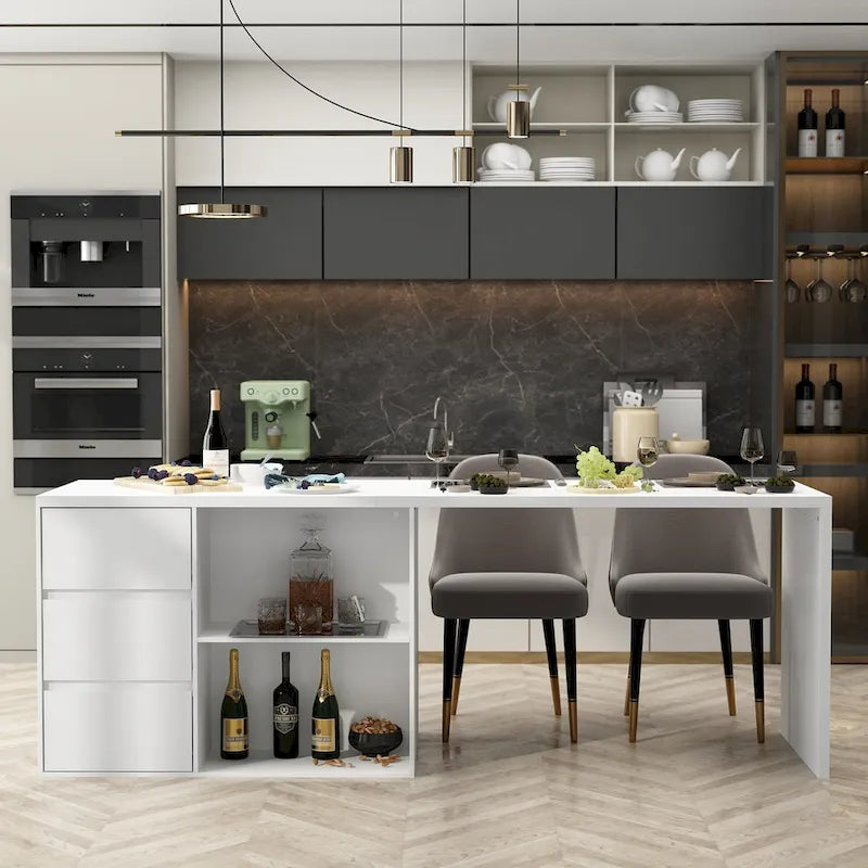 White Multi-Functional Kitchen Island Dining Table with Storage Drawers Cabinets