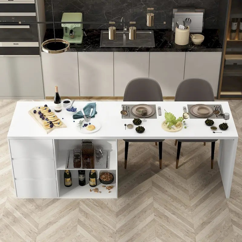 White Multi-Functional Kitchen Island Dining Table with Storage Drawers Cabinets