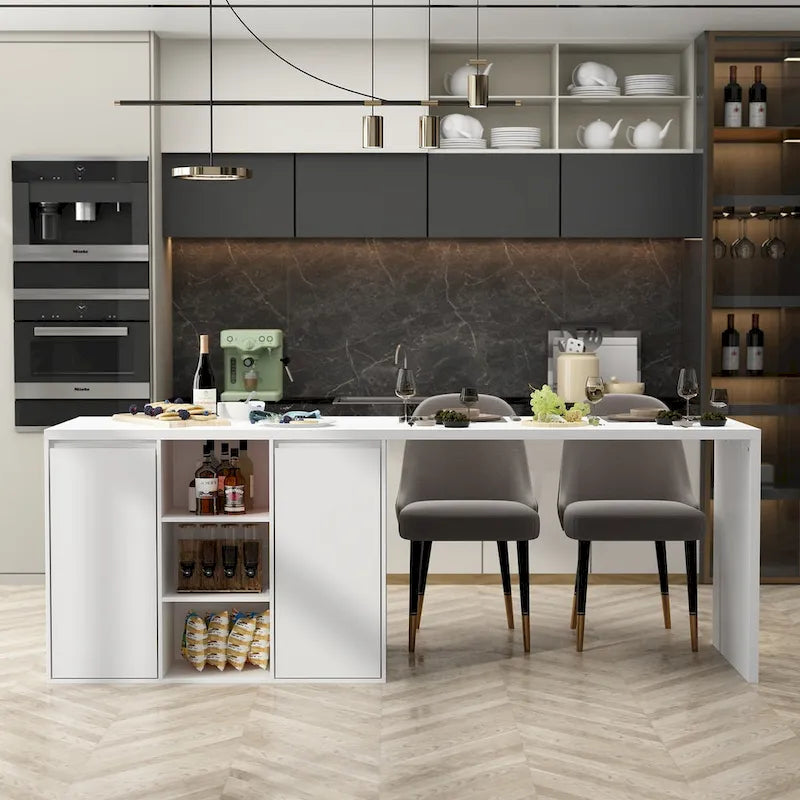 White Multi-Functional Kitchen Island Dining Table with Storage Drawers Cabinets