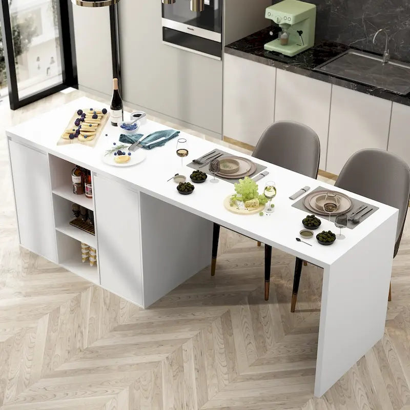 White Multi-Functional Kitchen Island Dining Table with Storage Drawers Cabinets