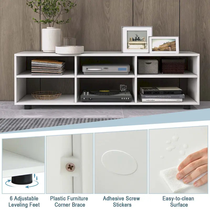 White 6-Cubby TV Stand with Adjustable Shelves and Leveling Feet