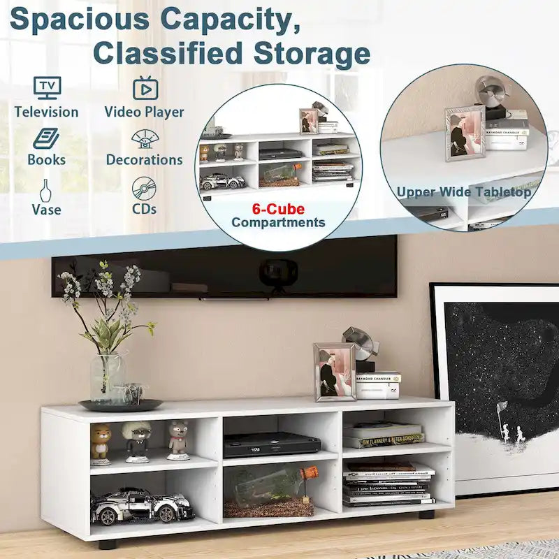White 6-Cubby TV Stand with Adjustable Shelves and Leveling Feet