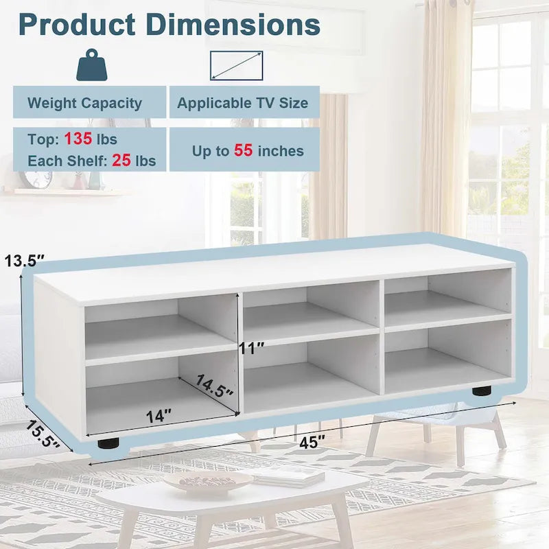White 6-Cubby TV Stand with Adjustable Shelves and Leveling Feet