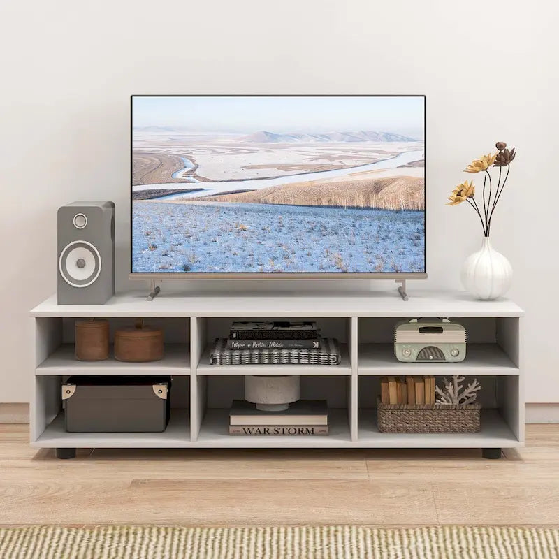 White 6-Cubby TV Stand with Adjustable Shelves and Leveling Feet