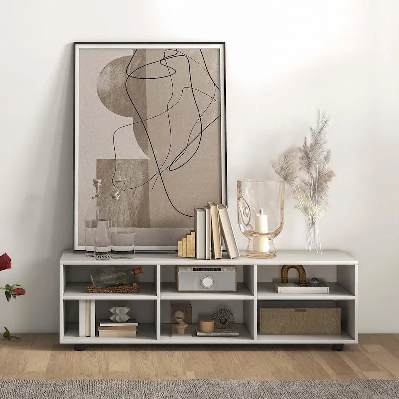 White 6-Cubby TV Stand with Adjustable Shelves and Leveling Feet