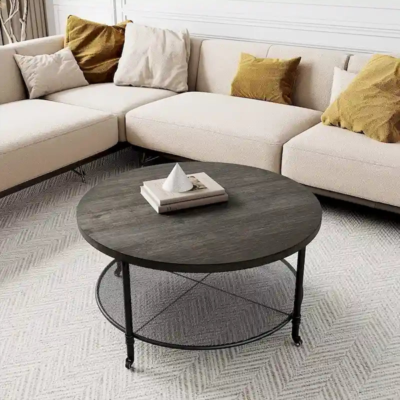 Round Industrial Coffee Table with Mesh Lower Shelf and Locking Casters