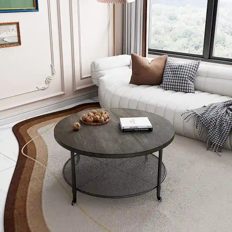 Round Industrial Coffee Table with Mesh Lower Shelf and Locking Casters