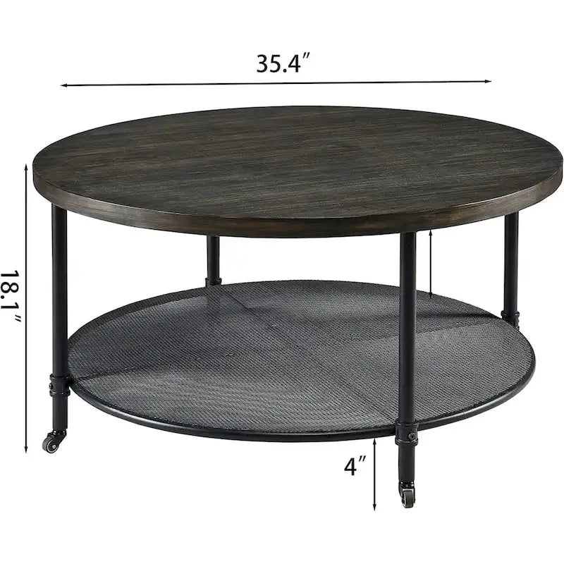 Round Industrial Coffee Table with Mesh Lower Shelf and Locking Casters