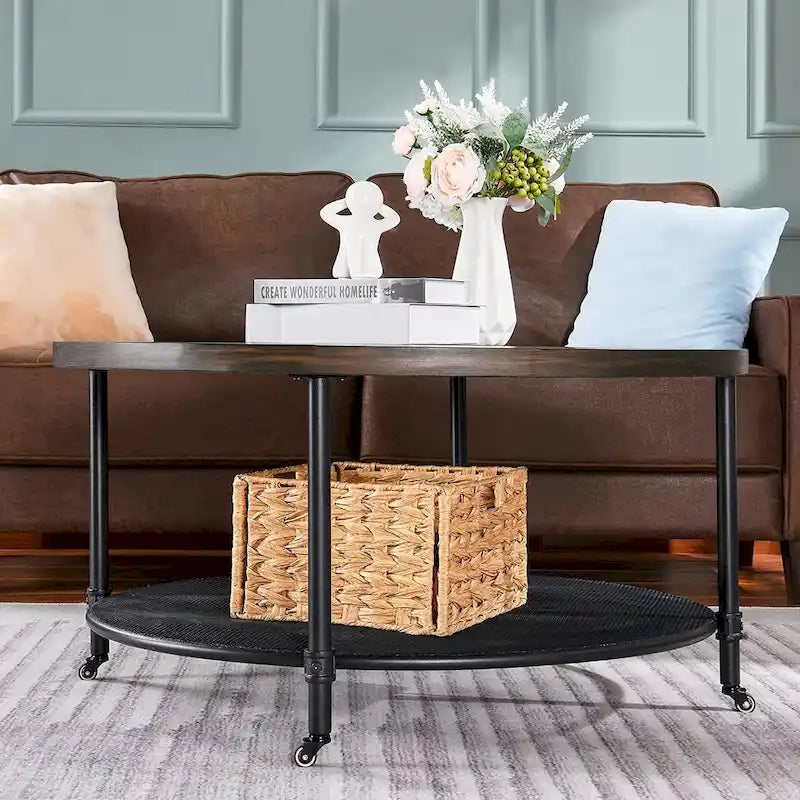 Round Industrial Coffee Table with Mesh Lower Shelf and Locking Casters