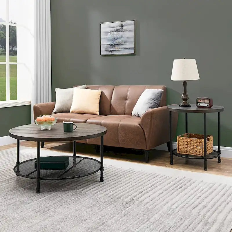 Round Industrial Coffee Table with Mesh Lower Shelf and Locking Casters