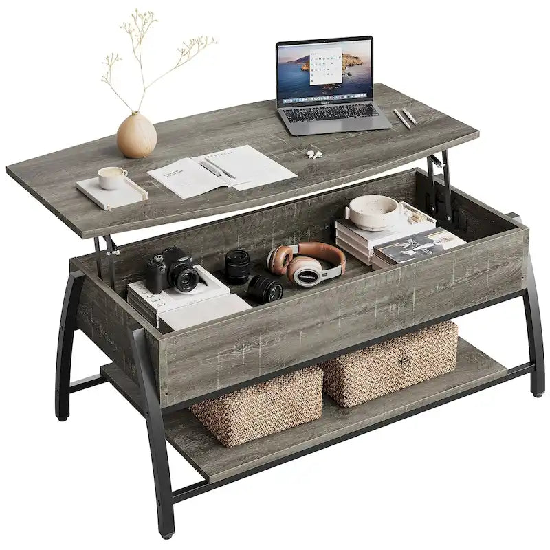 Lift-Top Coffee Table with Hidden Storage Lower Shelf Industrial Metal Legs