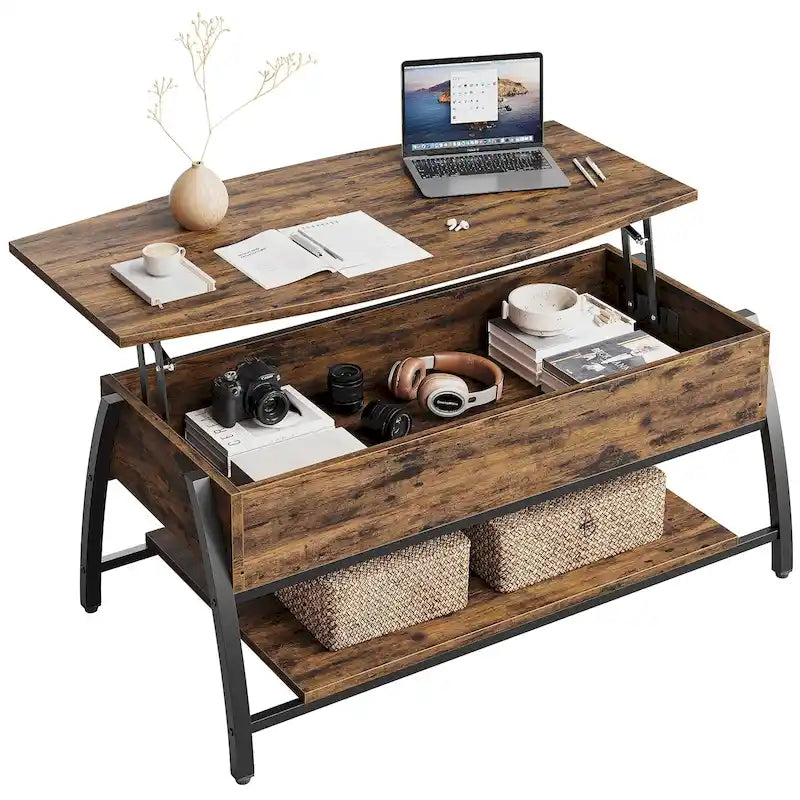 Lift-Top Coffee Table with Hidden Storage Lower Shelf Industrial Metal Legs