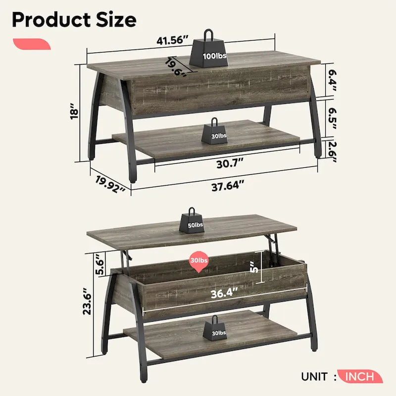 Lift-Top Coffee Table with Hidden Storage Lower Shelf Industrial Metal Legs