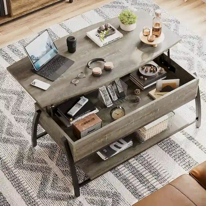 Lift-Top Coffee Table with Hidden Storage Lower Shelf Industrial Metal Legs