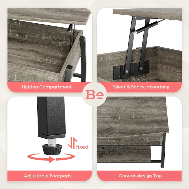 Lift-Top Coffee Table with Hidden Storage Lower Shelf Industrial Metal Legs