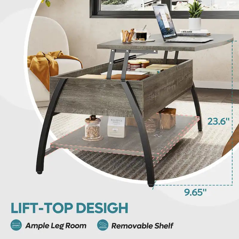 Lift-Top Coffee Table with Hidden Storage Lower Shelf Industrial Metal Legs