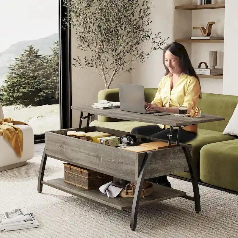 Lift-Top Coffee Table with Hidden Storage Lower Shelf Industrial Metal Legs