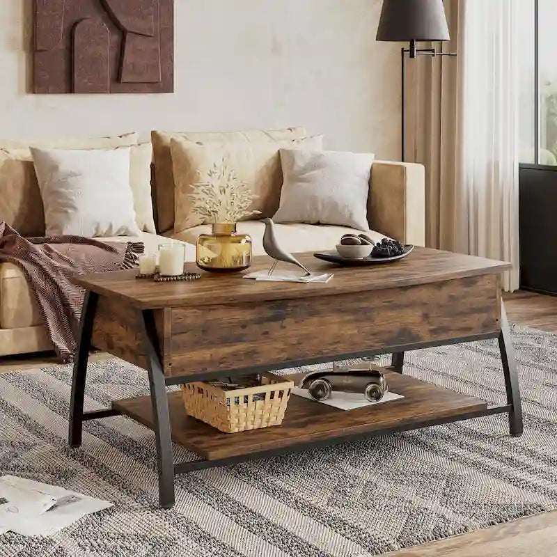 Lift-Top Coffee Table with Hidden Storage Lower Shelf Industrial Metal Legs
