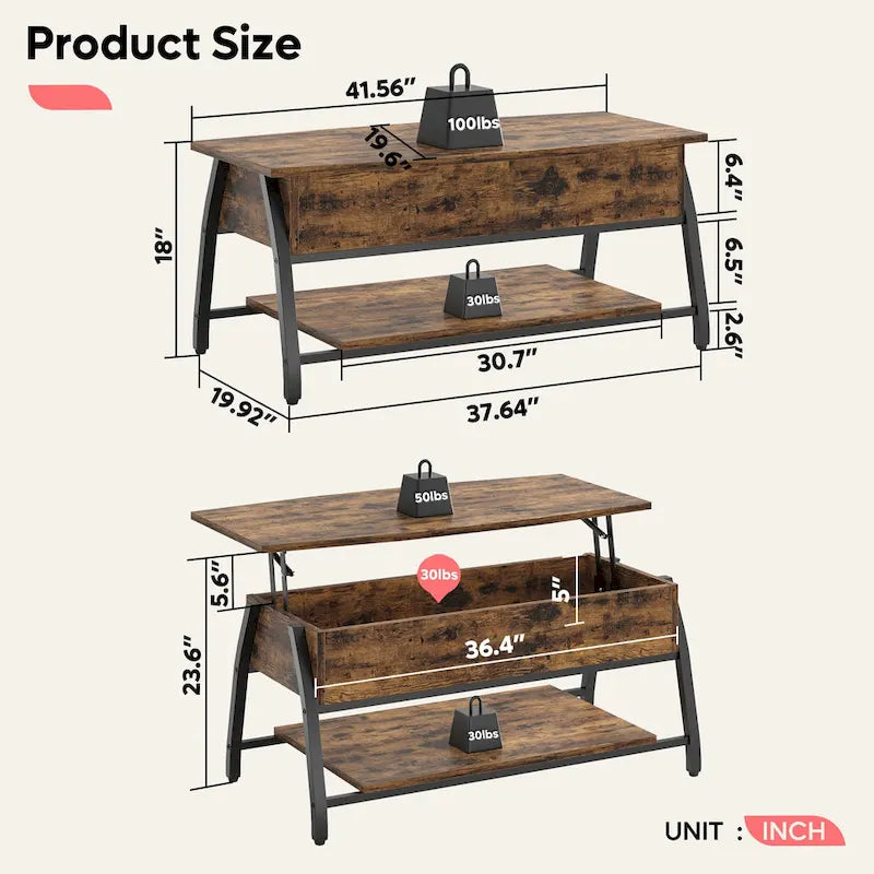 Lift-Top Coffee Table with Hidden Storage Lower Shelf Industrial Metal Legs