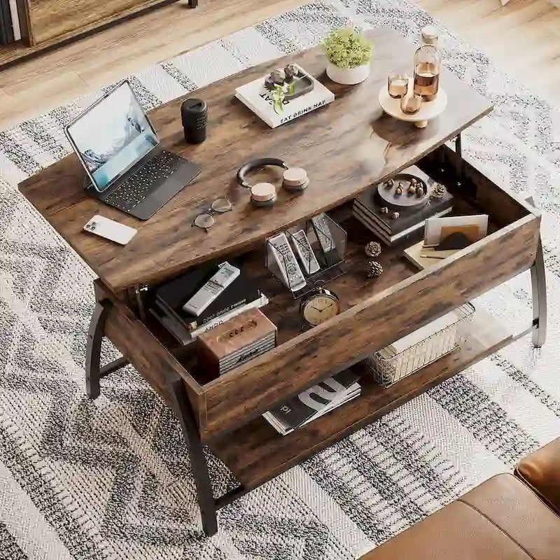 Lift-Top Coffee Table with Hidden Storage Lower Shelf Industrial Metal Legs