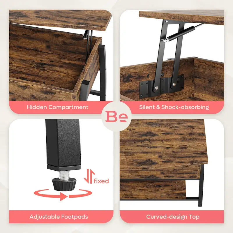 Lift-Top Coffee Table with Hidden Storage Lower Shelf Industrial Metal Legs
