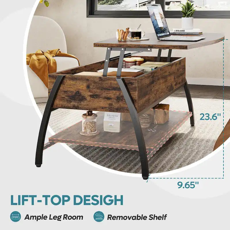 Lift-Top Coffee Table with Hidden Storage Lower Shelf Industrial Metal Legs