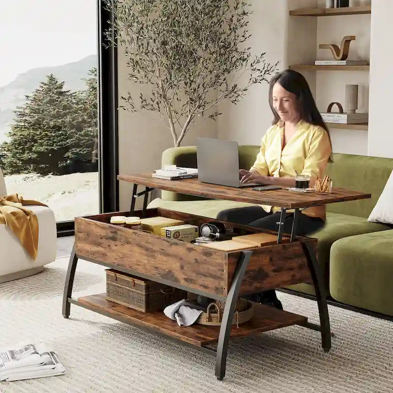 Lift-Top Coffee Table with Hidden Storage Lower Shelf Industrial Metal Legs