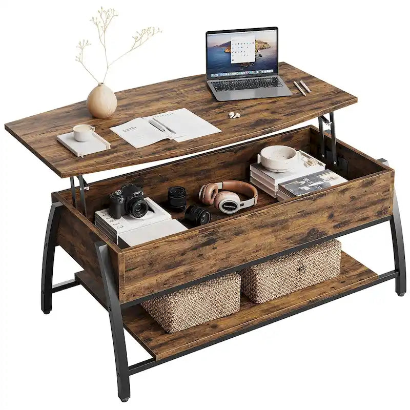 Lift-Top Coffee Table with Hidden Storage Lower Shelf Industrial Metal Legs